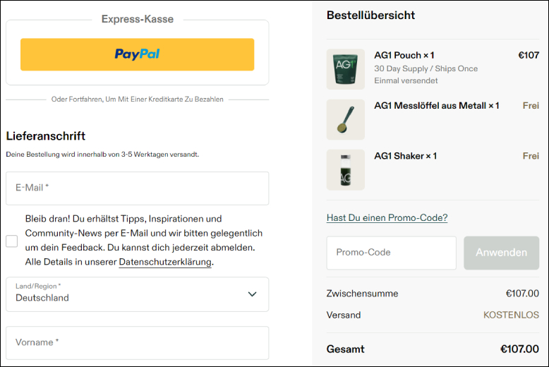 Promo Code im ersten Bestellschritt anwenden AG1 Rabattcode im ersten Bestellschritt eingeben