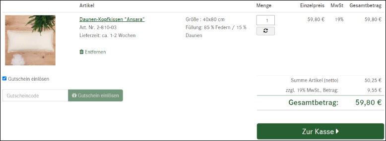 allnatura Gutschein im Warenkorb anwenden