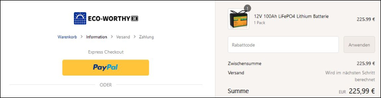 ECO-WORTHY Rabattcode beim Zahlvorgang eingeben und sparen
