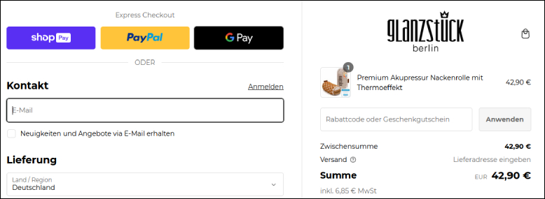 Glanzstück Berlin Rabattcode im Warenkorb eingeben und sparen