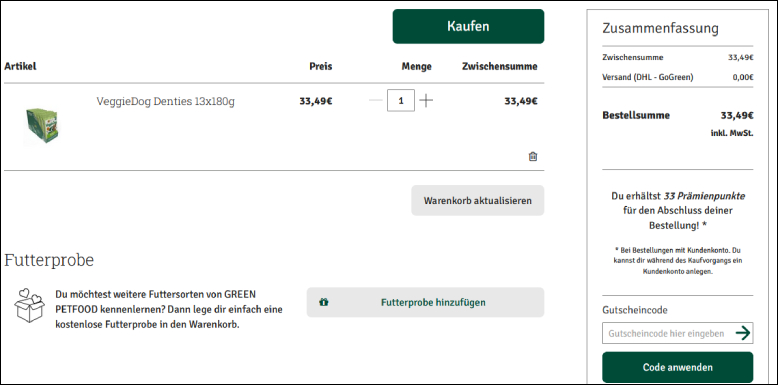 Green Petfood Gutschein im Warenkorb einlösen