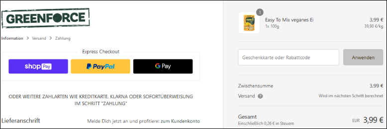 Gutscheincode im Warenkorb eingeben GREENFORCE Rabattcode im Warenkorb anwenden