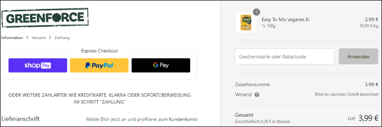 GREENFORCE Rabattcode im Warenkorb anwenden