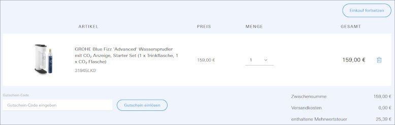 Einen Grohe Gutschein löst du im Warenkorb ein Den Grohe Gutscheincode im Warenkorb eingeben