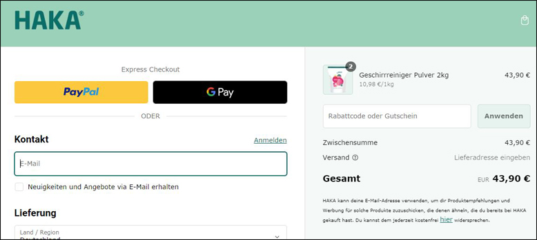 Den HAKA Gutscheincode an der Kasse einlösen