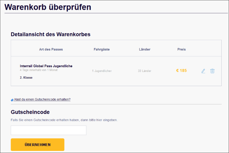 Den Code hier eingeben Interrail Gutschein im Warenkorb einlösen