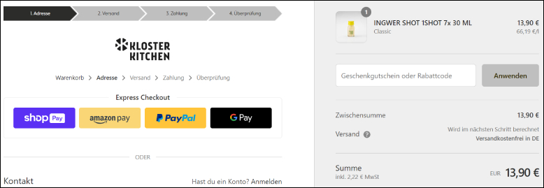 Rabattcode im ersten Bestellschritt anwenden Kloster Kitchen Rabattcode im ersten Bestellschritt eingeben