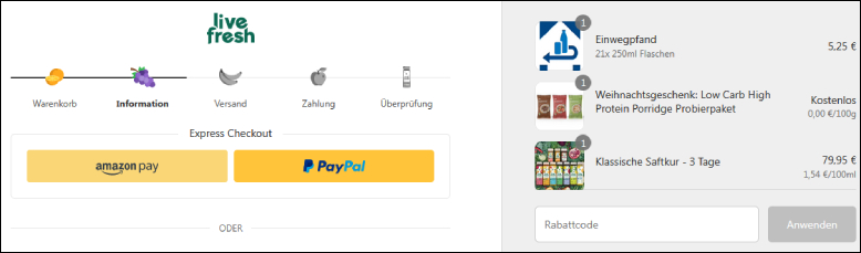 LiveFresh Rabattcode im ersten Bestellschritt eingeben