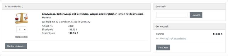 Den Montessori-Shop Gutschein im Warenkorb einlösen