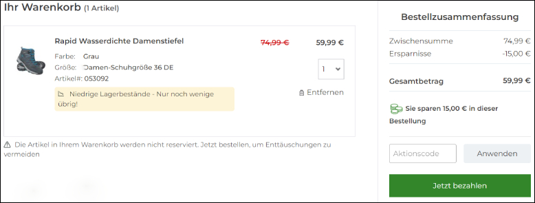Aktionscode im Warenkorb anwenden Mountain Warehouse Gutschein im Warenkorb einlösen