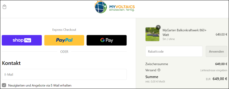 myVoltaics Gutschein im ersten Bestellschritt einlösen
