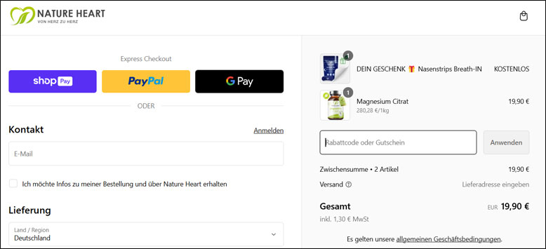 Code an der Kasse eingeben Nature Heart Rabattcode an der Kasse einfügen