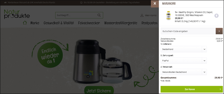 Löse deinen Rabatt einfach und bequem im Warenkorb ein Den Naturprodukte.shop Gutschein im Warenkorb aktivieren