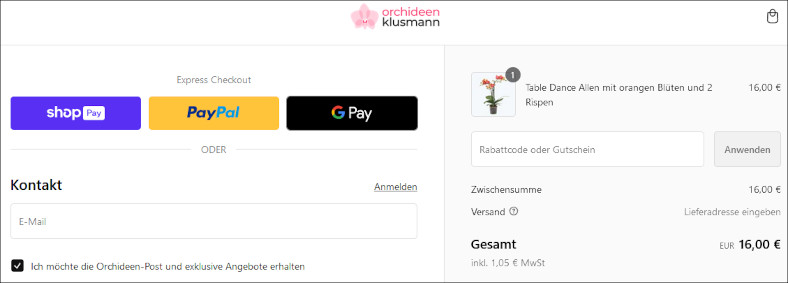 Den Orchideen Klusmann Rabattcode an der Kasse verwenden