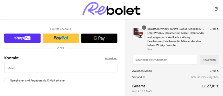 Rebolet Rabattcode an der Kasse aktivieren