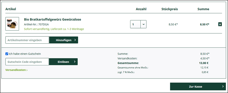 Den Rimoco Gutschein im Warenkorb aktivieren