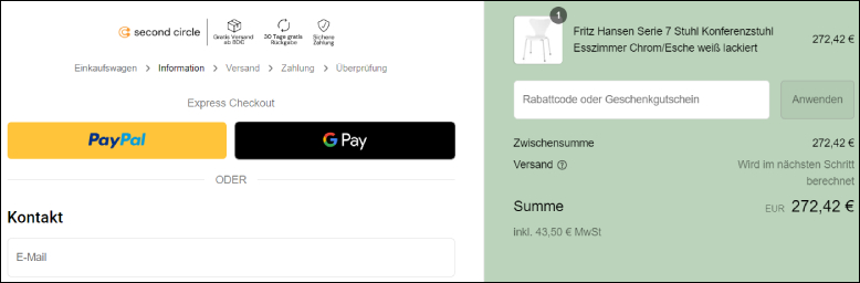 Gutscheincode im ersten Bestellschritt anwenden second circle Rabattcode im ersten Bestellschritt einlösen