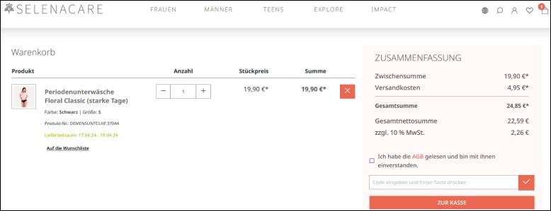 Gib den Code im Warenkorb ein Einen Selenacare Rabattcode im Warenkorb einlösen