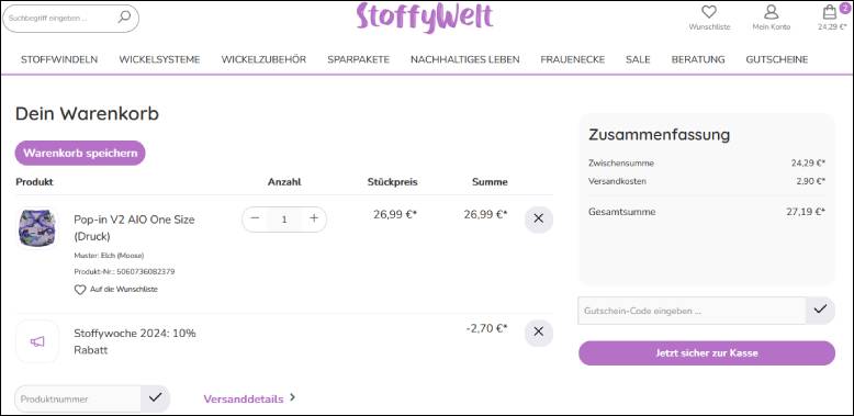 Gib deinen Code ein Einen StoffyWelt Gutschein im Warenkorb einlösen