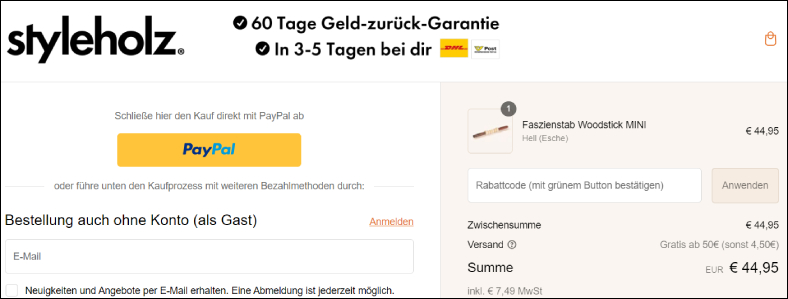 Styleholz Rabattcode im ersten Bestellschritt eingeben