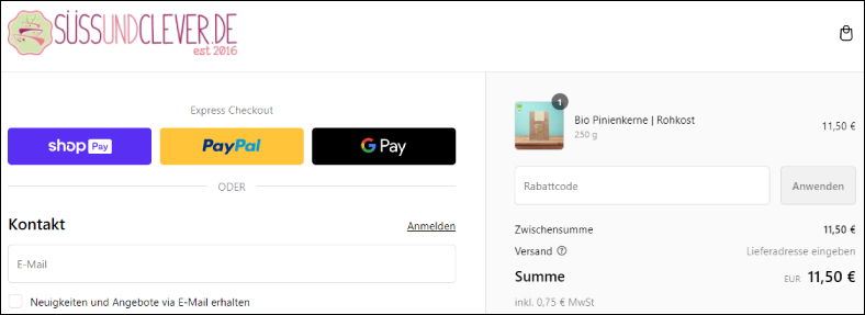 Rabattcode im ersten Bestellschritt anwenden Süss und Clever Gutschein im ersten Bestellschritt einlösen