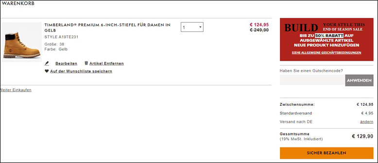 Timberland Gutschein im Warenkorb einloesen