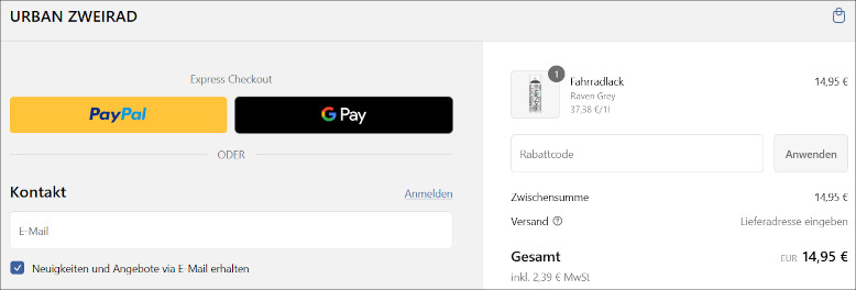 Deinen URBAN ZWEIRAD Gutscheincode verwendest du an der Kasse Den URBAN ZWEIRAD Gutschein an der Kasse verwenden
