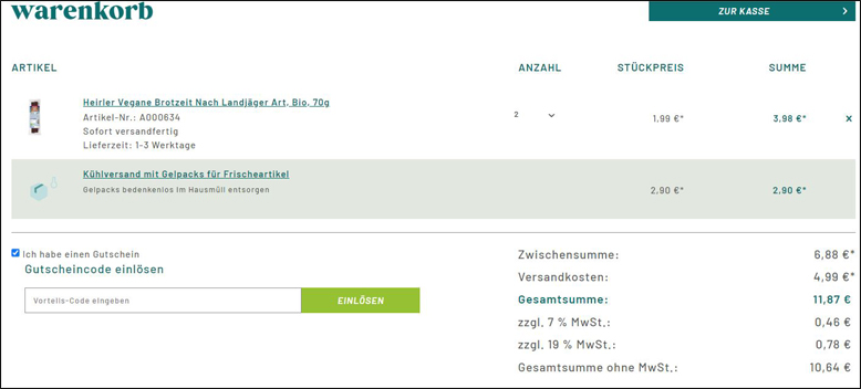 Velivery Gutschein im Warenkorb einlösen