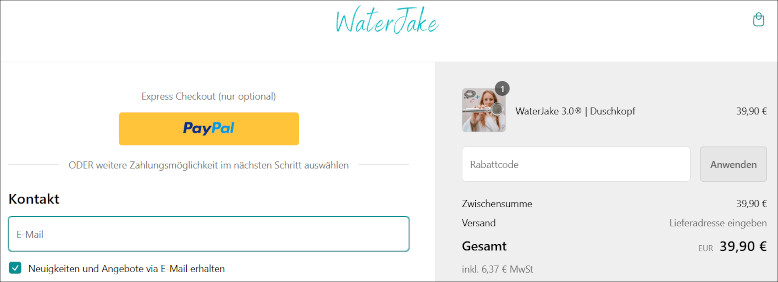 Den WaterJake Rabattcode an der Kasse verwenden