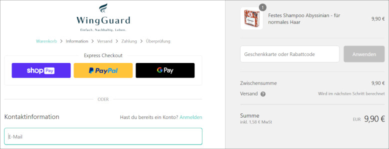Deinen WingGuard Gutschein löst du an der Kasse ein Den WingGuard Rabatt Code an der Kasse eingeben